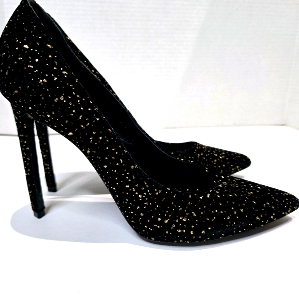 Celine Paris Sharp Black Velvet and Gold Stiletto Heels